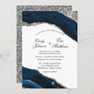 Navy and Silver Watercolor Agate Wedding Invitation