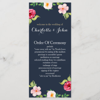 navy and silver watercolor flowers wedding programme