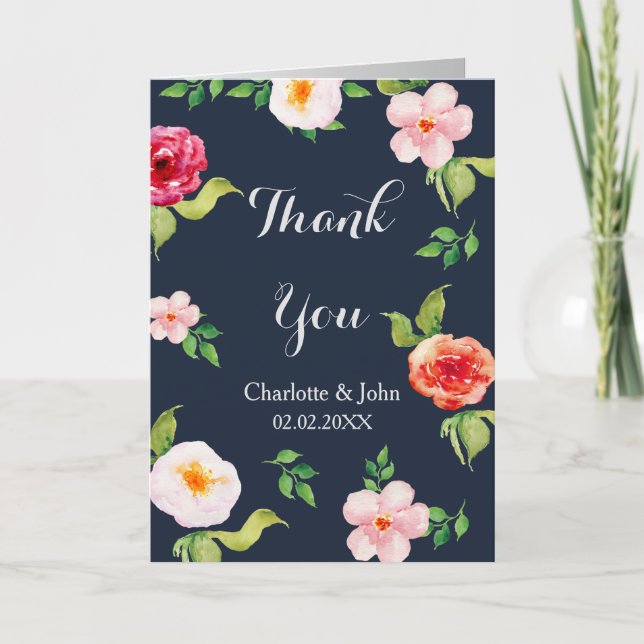navy and silver watercolor flowers wedding thank you card (Front)
