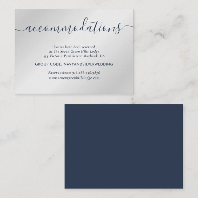 Navy and Silver Wedding Hotel Accommodation Cards (Front/Back)