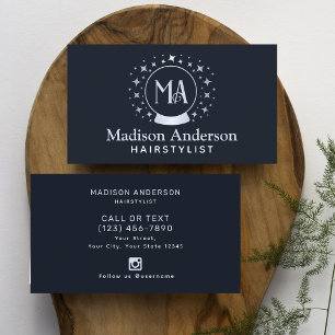 Navy and Silver Witchy Monogram Hairstylist Business Card