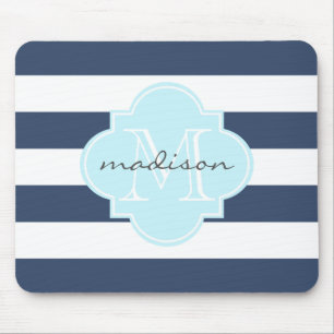 Navy and Sky Blue Nautical Stripes Custom Monogram Mouse Mat