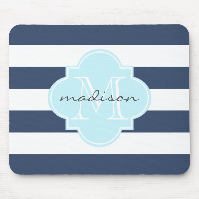Navy and Sky Blue Nautical Stripes Custom Monogram Mouse Mat (Front)