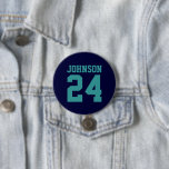 Navy and Teal Athlete Name Jersey Number 7.5 Cm Round Badge<br><div class="desc">Cheer on your favourite sports team, football player or just show off your school pride with a custom personalised spirit button! Add your school name or personalise with a player's name and jersey number. Perfect for football, basketball, baseball and soccer games! Create custom pins for the whole team, cheerleaders, parents...</div>