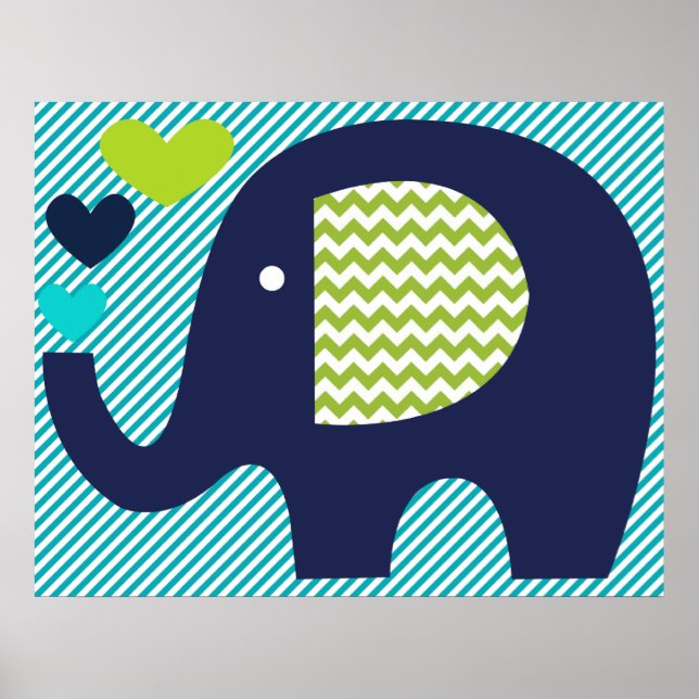 Navy and Teal Elephant Nursery Poster (Front)