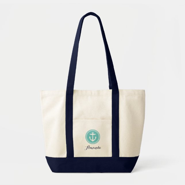 Navy and Turquoise Anchor Monogram Bridesmaid Tote (Front)