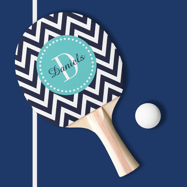 Navy and Turquoise Chevron Monogram Ping Pong Paddle (Creator Uploaded)