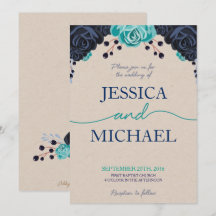 Navy and Turquoise Floral Wedding Invitation