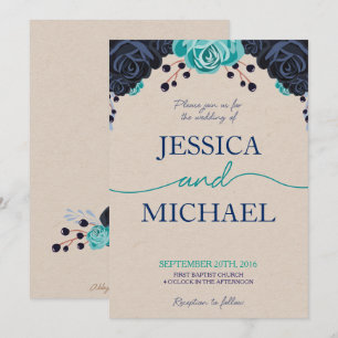 Navy and Turquoise Floral Wedding Invitation