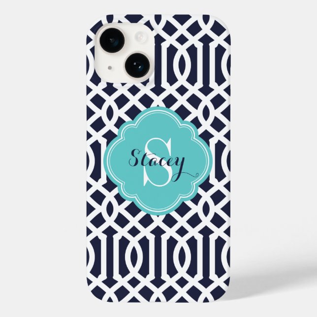 Navy and Turquoise Modern Trellis Monogram Case-Mate iPhone Case (Back)