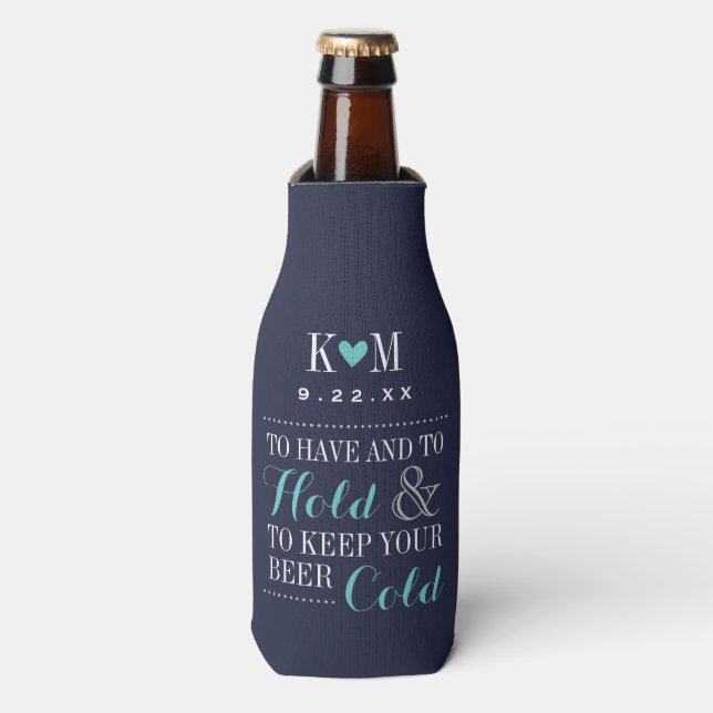 Navy and Turquoise Modern Wedding Monogram Bottle Cooler (Bottle Front)