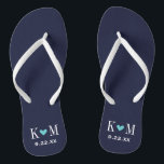 Navy and Turquoise Modern Wedding Monogram Flip Flops<br><div class="desc">Custom printed flip flop sandals personalised with a cute heart and your monogram initials and wedding date. Click Customise It to change text fonts and colours or add your own images to create a unique one of a kind design!</div>