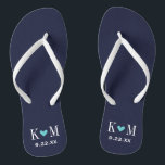 Navy and Turquoise Modern Wedding Monogram Flip Flops<br><div class="desc">Custom printed flip flop sandals personalised with a cute heart and your monogram initials and wedding date. Click Customise It to change text fonts and colours or add your own images to create a unique one of a kind design!</div>
