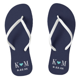 Navy and Turquoise Modern Wedding Monogram Flip Flops