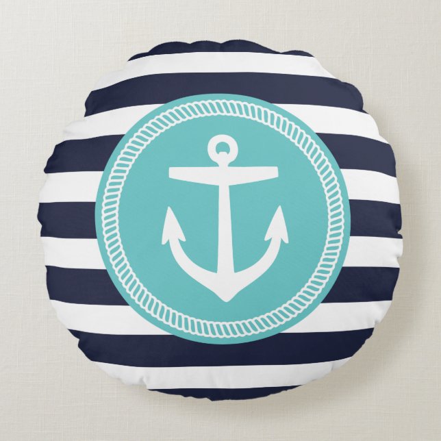 Navy and Turquoise Nautical Stripes and Anchor Round Cushion (Front)