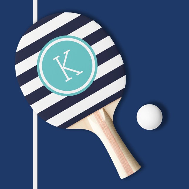 Navy and Turquoise Preppy Stripes Monogram Ping Pong Paddle (Creator Uploaded)