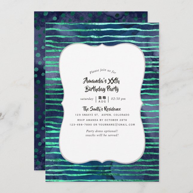 Navy and Turquoise Stripes and Polka Dots Birthday Invitation (Front/Back)