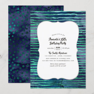 Navy and Turquoise Stripes and Polka Dots Birthday Invitation