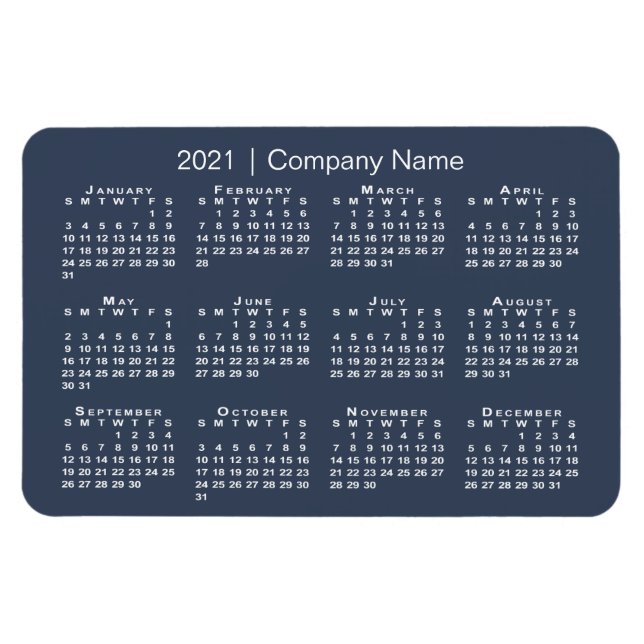 Navy and White 2021 Calendar with Company Name Magnet (Horizontal)
