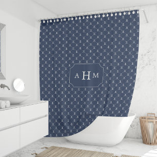 Navy and White Anchor Pattern Monogram Shower Curtain