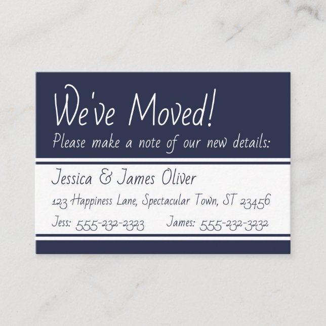 Navy and White Bold We've Moved Handout Cards (Front)