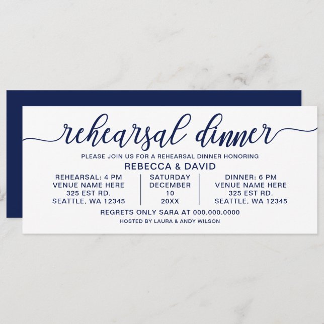 Navy and white Calligraphy Rehearsal Dinner Invitation (Front/Back)