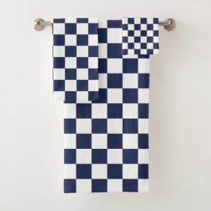 Navy and White Chequered Pattern Bath Towel Set