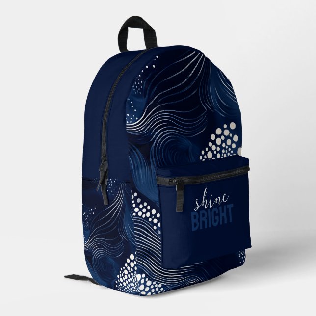 Navy and White Circles and Wavy Lines Abstract Printed Backpack (Back Corner Left)