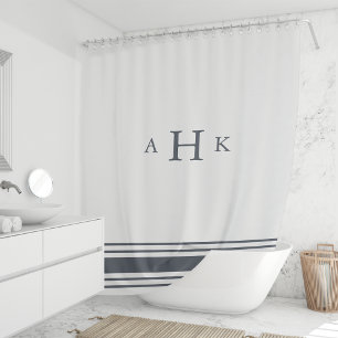 Navy and White Classic Stripe Border Monogram Shower Curtain