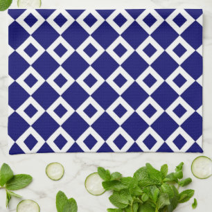 Navy and White Diamond Pattern Tea Towel