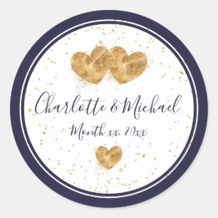 Navy and White, Elegant Golden Hearts Wedding Classic Round Sticker