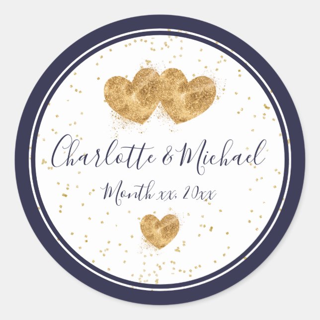 Navy and White, Elegant Golden Hearts Wedding Classic Round Sticker (Front)