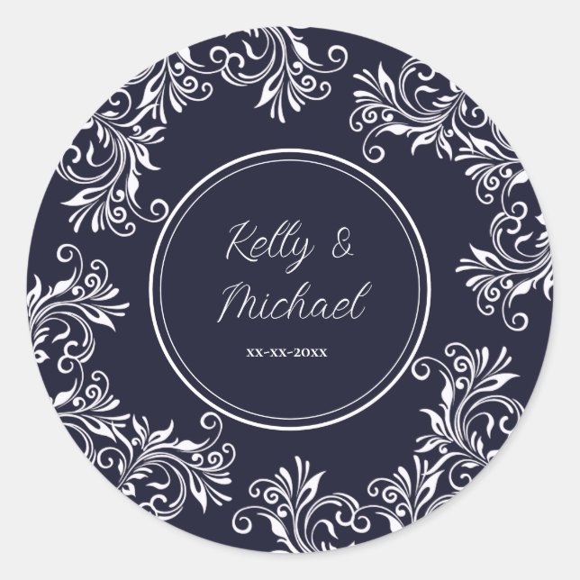 Navy and White Elegant Style Wedding Classic Round Sticker (Front)