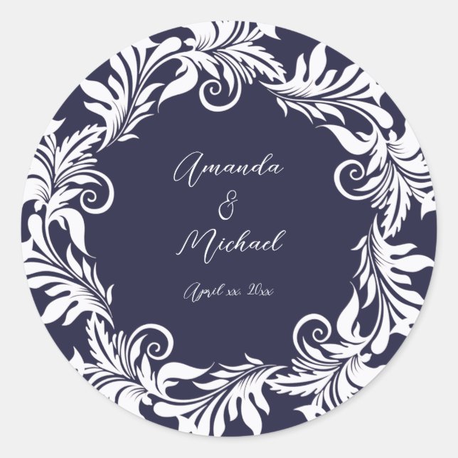 Navy and White Elegant Wedding Classic Round Sticker (Front)