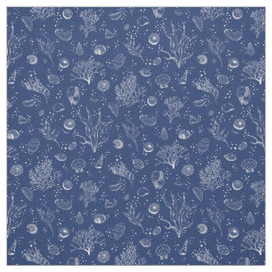 Navy and white fabric with seashells and seaweeds