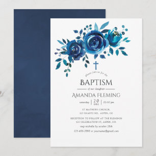 Navy and White Floral Baptism or Christening Invitation