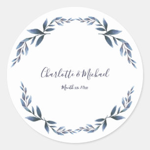 Navy and White Floral Leaf Wedding Classic Round Sticker