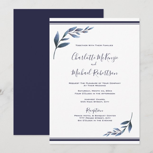 Navy and White Floral Leaf Wedding Invitation (Front/Back)
