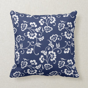 Navy and White Floral Pattern Cushion