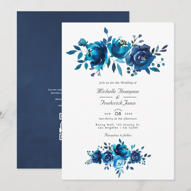 Navy and White Floral QR Code RSVP Garden Wedding  Invitation (Front/Back)