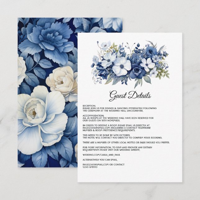 Navy and White Floral Wedding Guest Details Enclosure Card (Front/Back)