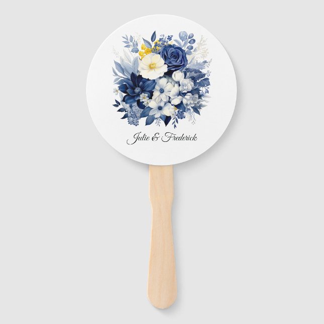 Navy and White Floral Wedding Hand Fan (Front)