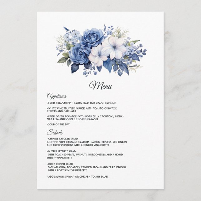 Navy and White Floral Wedding Menu (Front)