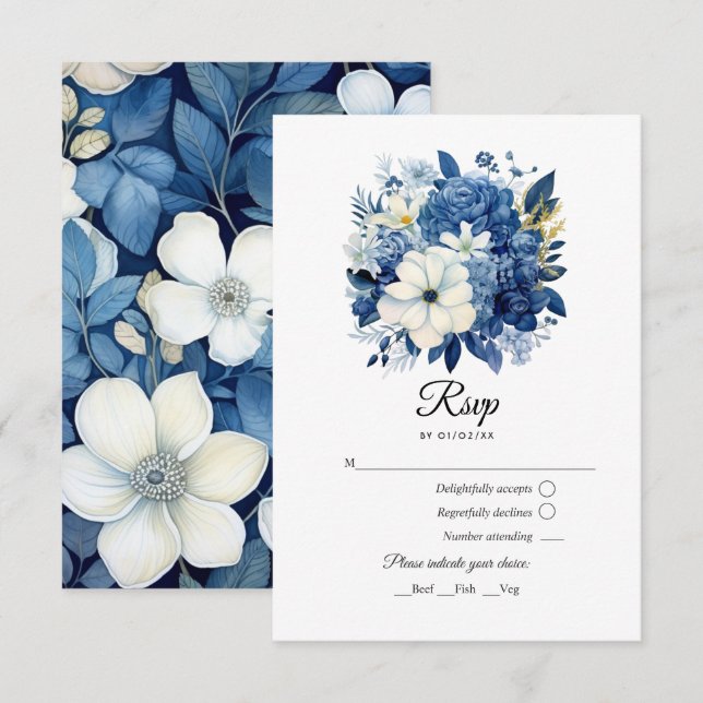 Navy and White Floral Wedding RSVP Card (Front/Back)