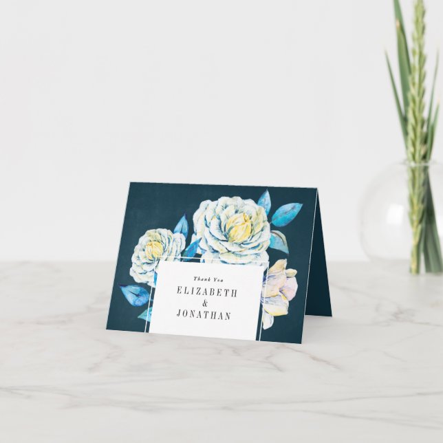 Navy and White Floral Wedding Thank You Card Chalk (Front)