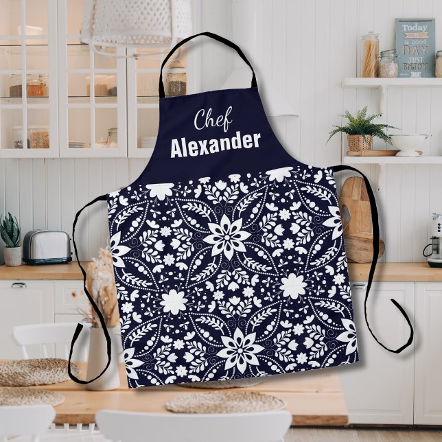 Navy and White Folk Floral Apron (Creator Uploaded)
