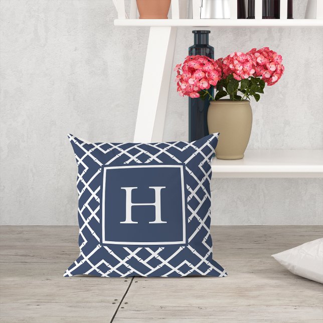 Navy and White Geometric Bamboo Lattice Monogram Cushion (Creator Uploaded)