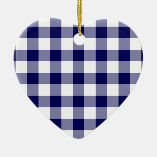 Navy and White Gingham Pattern Ceramic Tree Decoration (Front)