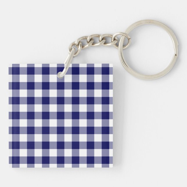 Navy and White Gingham Pattern Key Ring (Back)