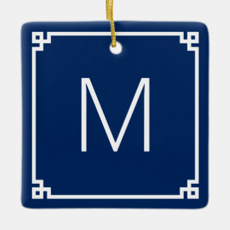 Navy and White Greek Key Border Monogram Photo Ceramic Ornament